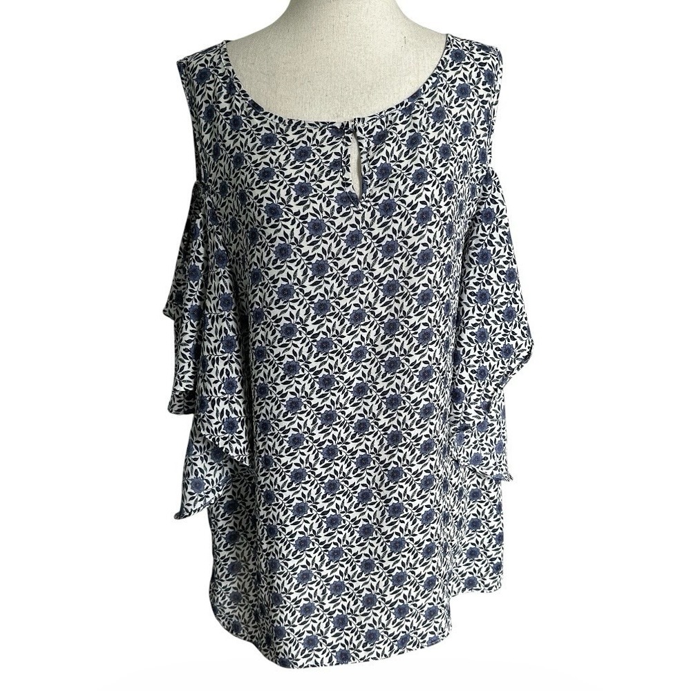 Max Studio Size XL Blouse Cold Shoulder Floral Blue Top Short Sleeve | 73-12